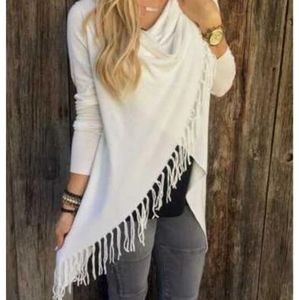 White Fringe Cardigan Wrap Button Drape Neck S/M